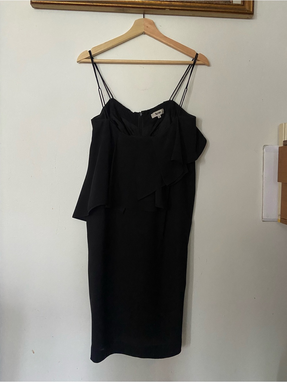Acne black strapless ruffle midi dress with double spaghetti straps